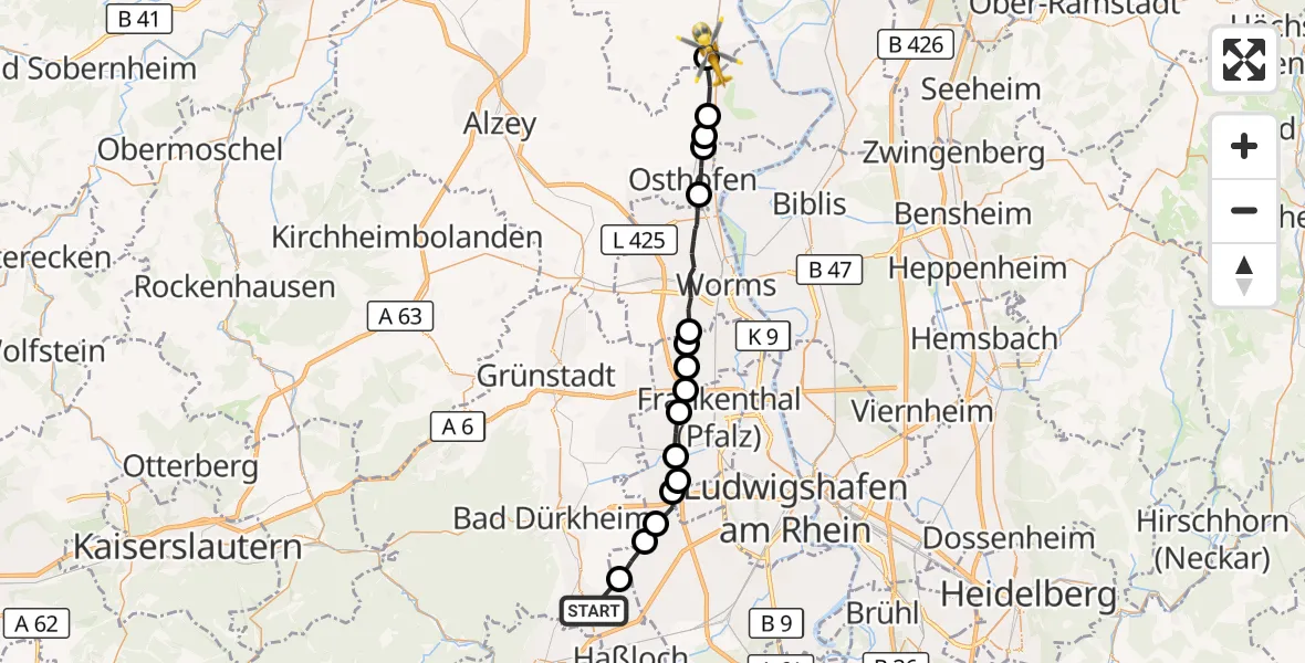 Flugroute Rettungshubschrauber Meckenheim - Guntersblum, 02 Oktober 2026, 07:55