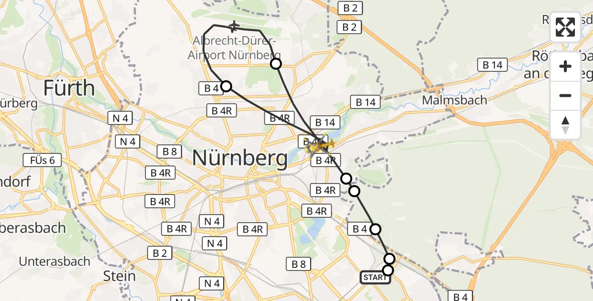 Flugroute Rettungshubschrauber Nürnberg South Hospital - Nürnberg, 02 Oktober 2026, 07:55