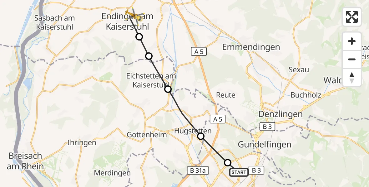 Flugroute Ambulanzhubschrauber Freiburg im Breisgau Flugplatz - Endingen am Kaiserstuhl, 02 Oktober 2026, 08:15