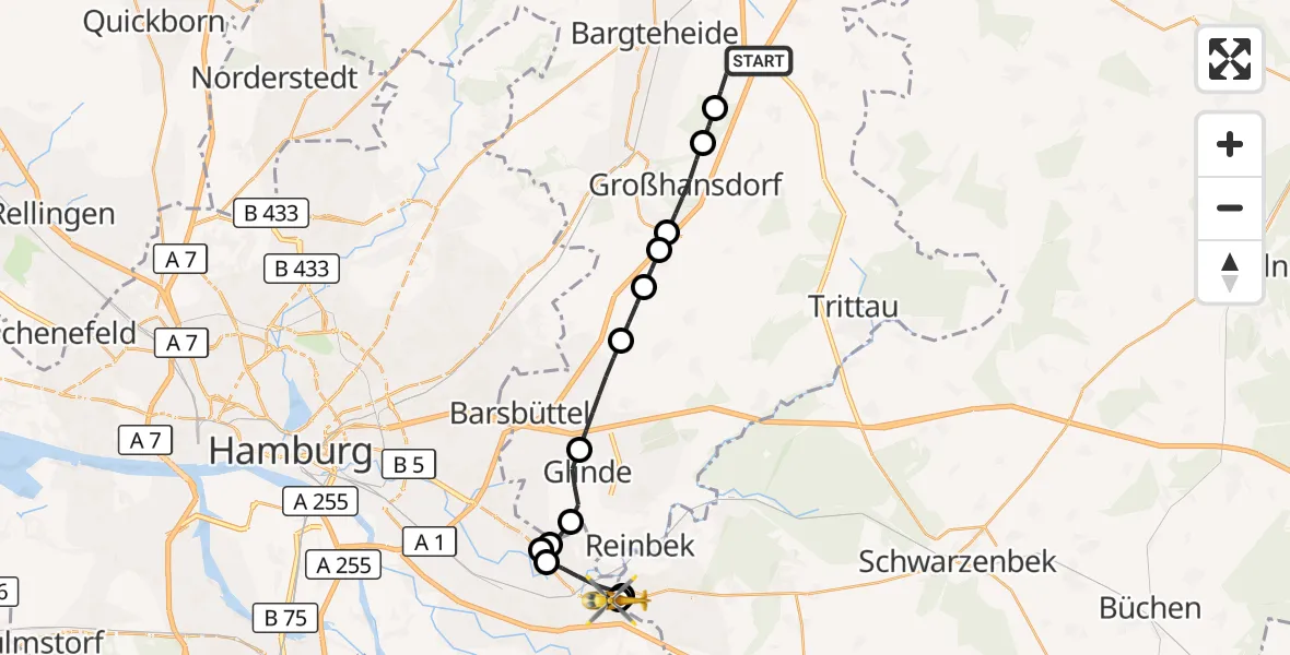 Flugroute Rettungshubschrauber Hammoor - Bethesda Hospital, 02 Oktober 2026, 08:17