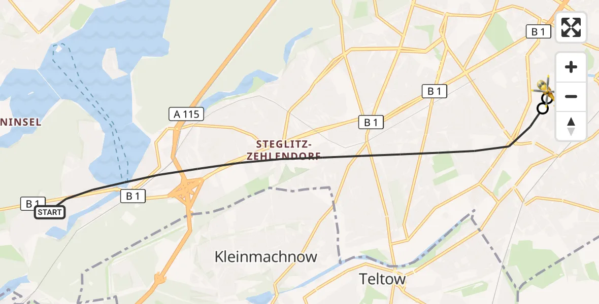 Flugroute Rettungshubschrauber Berlin - Charité Clinic Benjamin Franklin Campus, 02 Oktober 2026, 08:37