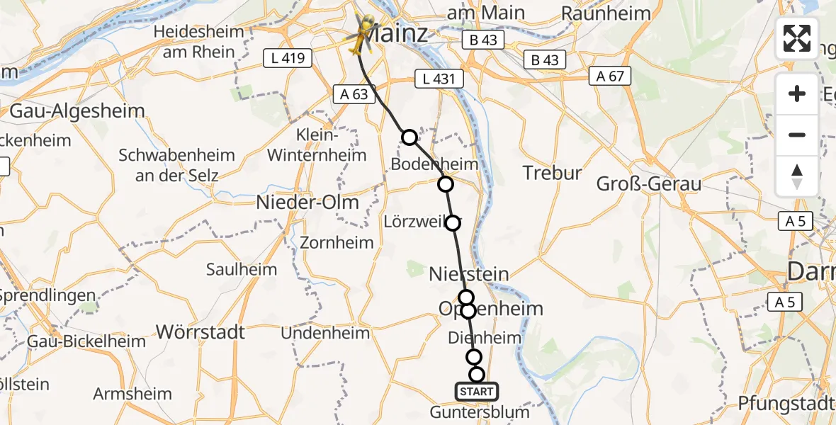 Flugroute Rettungshubschrauber Guntersblum - Mainz, 02 Oktober 2026, 08:37