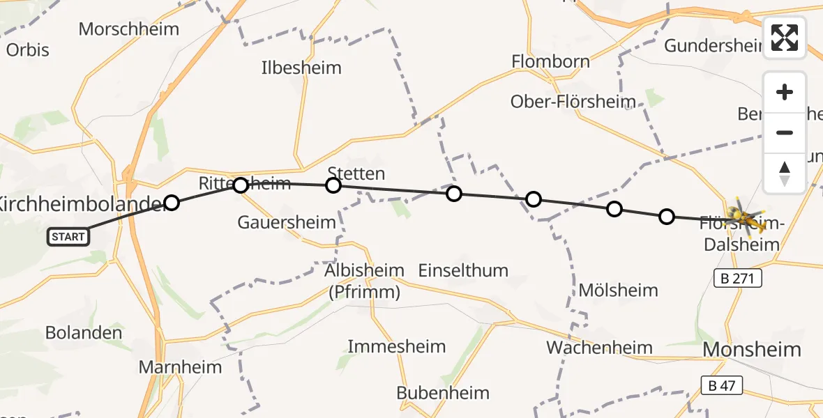 Flugroute Rettungshubschrauber Kirchheimbolanden - Flörsheim-Dalsheim, 02 Oktober 2026, 08:47