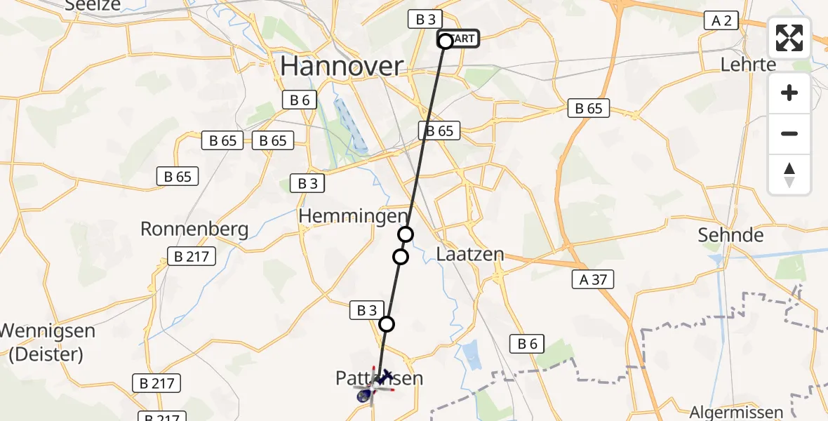 Flugroute Polizeihubschrauber Hannover Luftrettung Hubschrauberlandeplatz (Christoph 4) - Pattensen, 02 Oktober 2026, 08:58