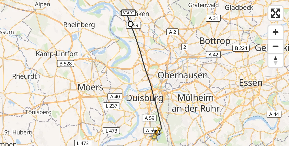 Flugroute Rettungshubschrauber Dinslaken - Duisburg Air Rescue Hubschrauberlandeplatz (Christoph 9), 02 Oktober 2026, 08:59