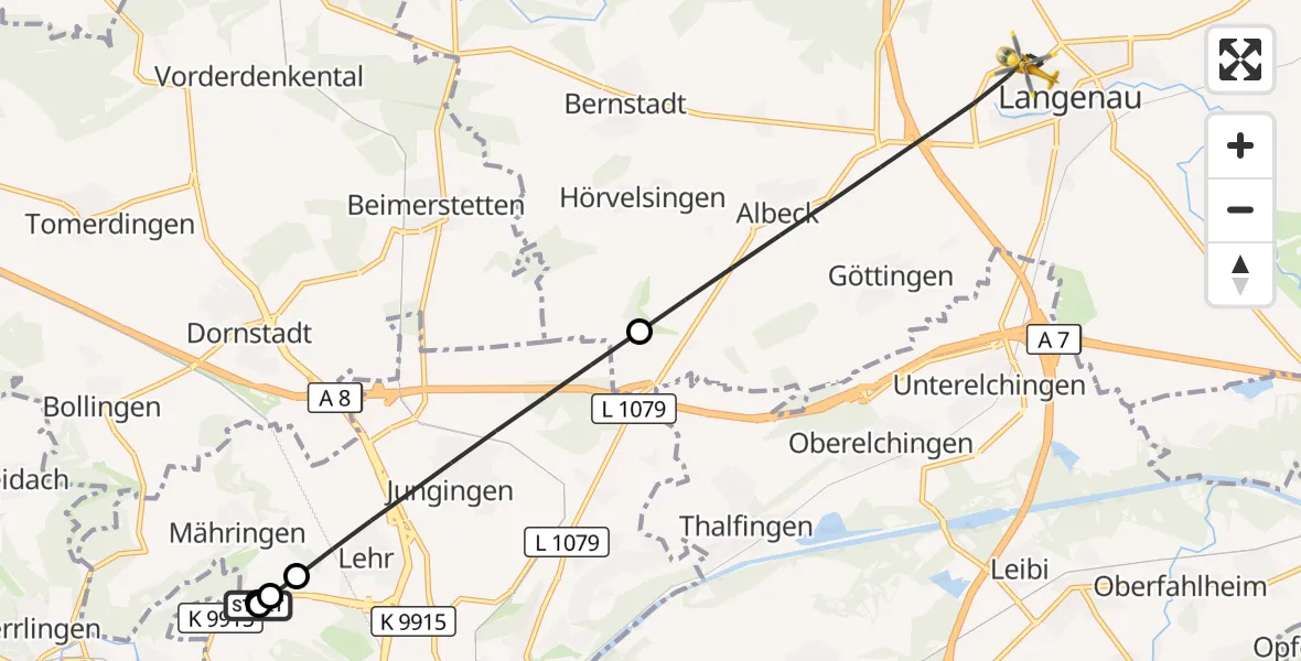 Flugroute Rettungshubschrauber Ulm Military Hospital Emergency - Langenau, 02 Oktober 2026, 09:04