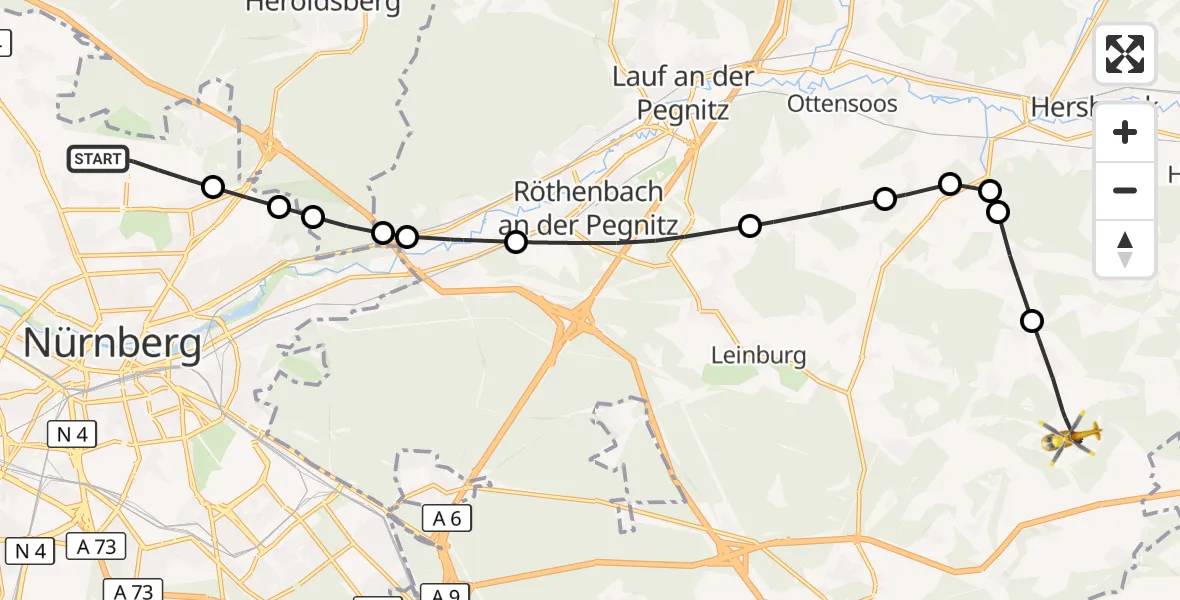 Flugroute Ambulanzhubschrauber Flughafen Nuremberg - Offenhausen, 02 Oktober 2026, 09:10
