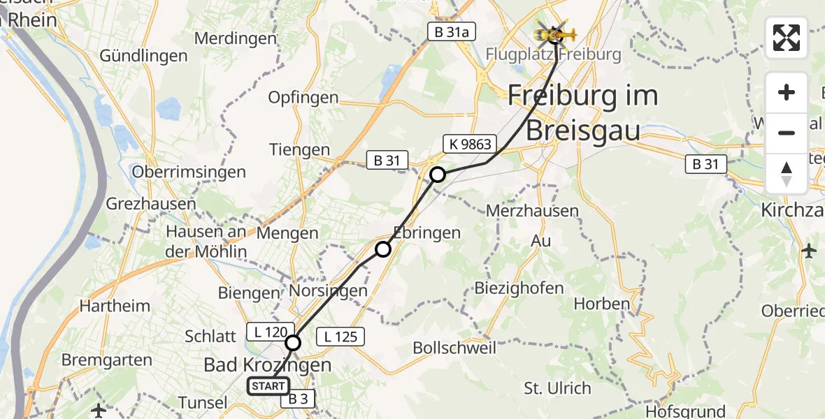 Flugroute Ambulanzhubschrauber Bad Krozingen - Freiburg im Breisgau Flugplatz, 02 Oktober 2026, 09:15