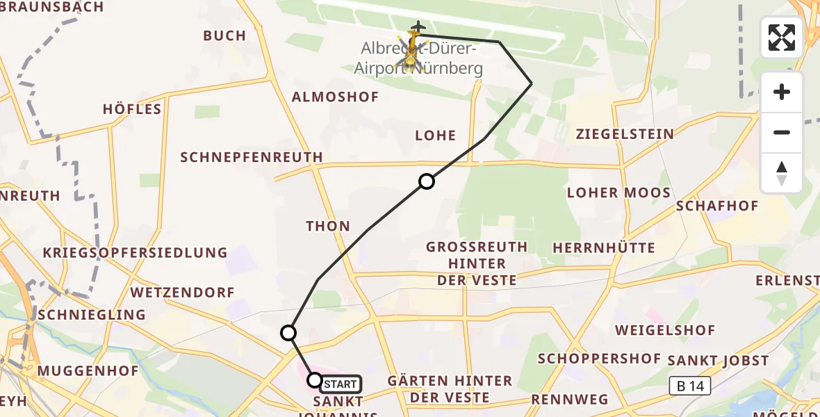 Flugroute Rettungshubschrauber Nürnberg North Hospital - Flughafen Nuremberg, 02 Oktober 2026, 09:18