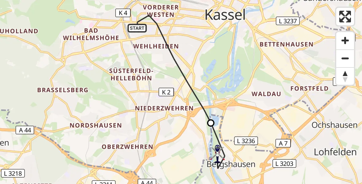 Flugroute Polizeihubschrauber Kassel - Fuldabrück, 02 Oktober 2026, 09:26
