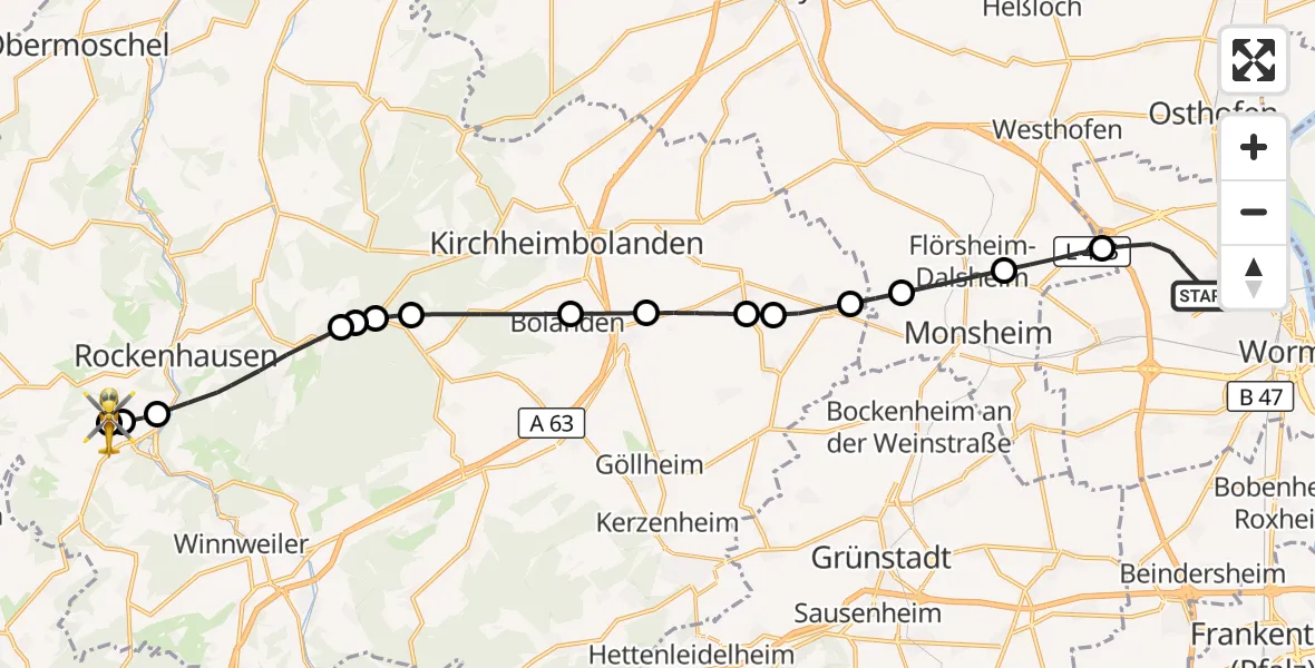 Flugroute Rettungshubschrauber Worms - Rockenhausen, 02 Oktober 2026, 09:40