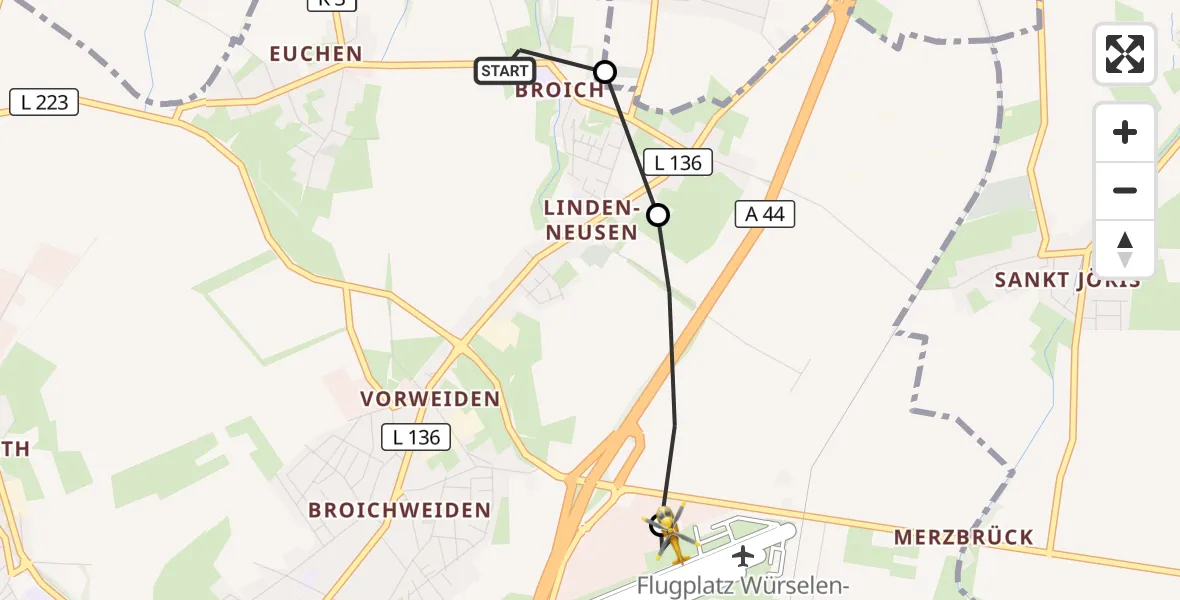 Flugroute Rettungshubschrauber Würselen - Aachen-Merzbrück Flughafen, 02 Oktober 2026, 09:42