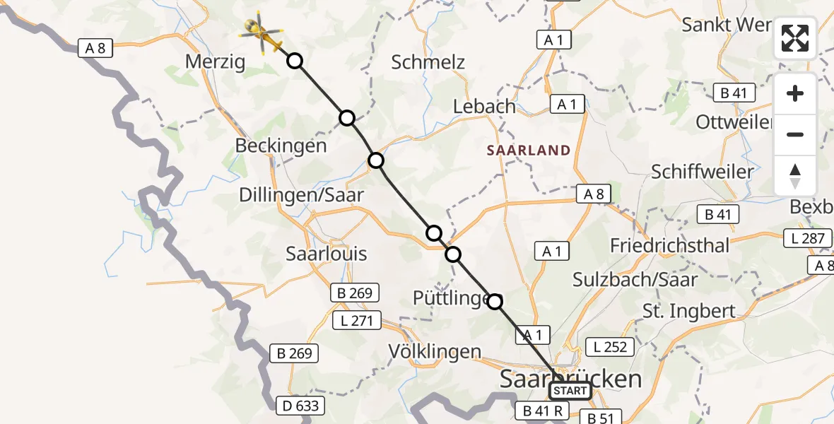 Flugroute Rettungshubschrauber Saarbrücken - Merzig, 02 Oktober 2026, 09:57