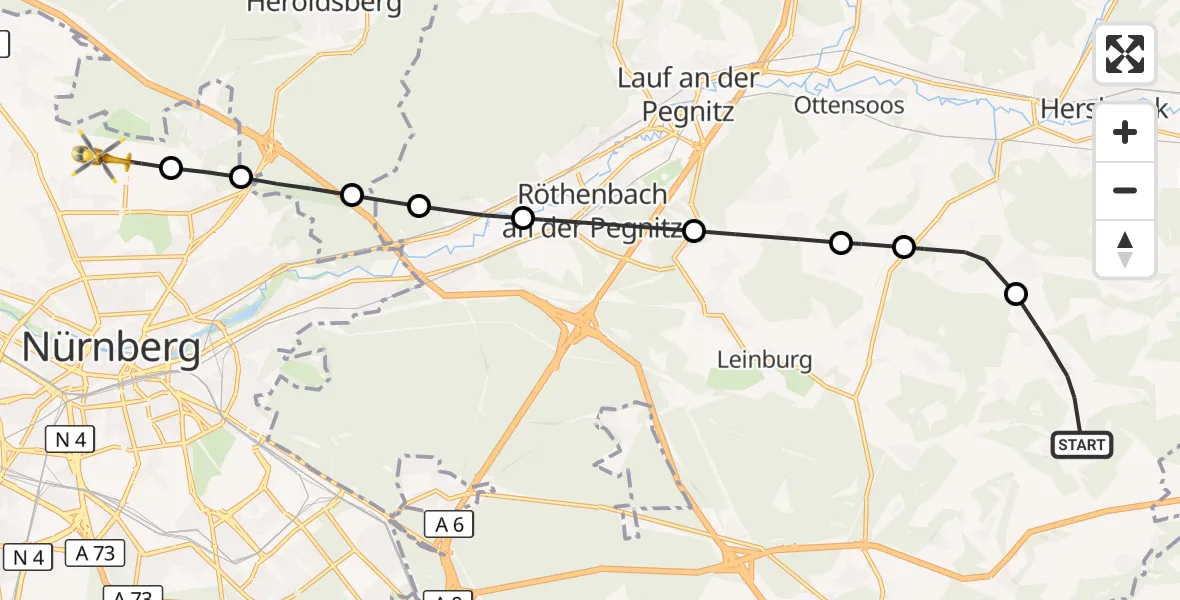 Flugroute Ambulanzhubschrauber Offenhausen - Flughafen Nuremberg, 02 Oktober 2026, 10:06