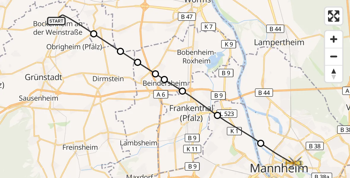 Flugroute Rettungshubschrauber Bockenheim an der Weinstraße - Mannheim, 02 Oktober 2026, 10:12
