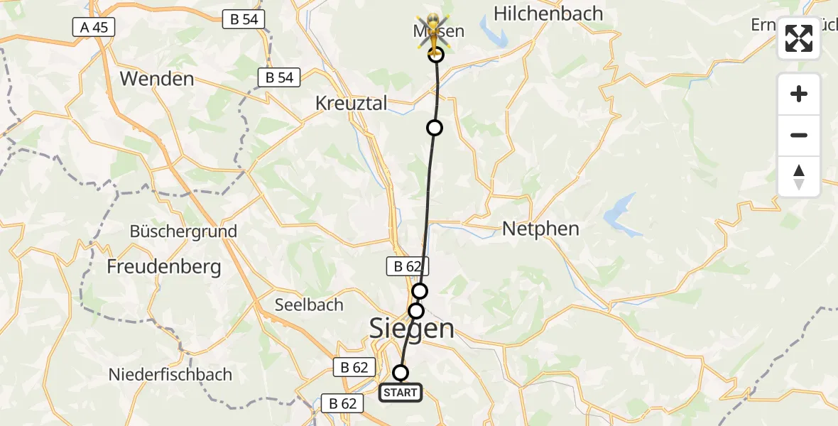 Flugroute Rettungshubschrauber Evangelisches Jung-Stilling Hospital - Hilchenbach, 02 Oktober 2026, 10:16
