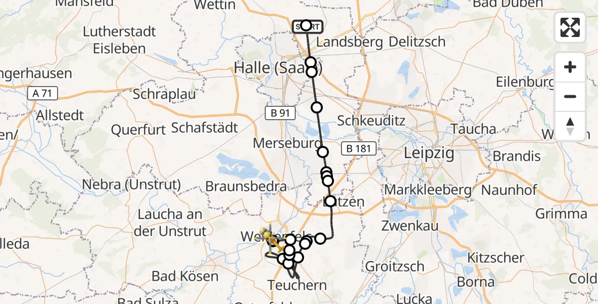 Flugroute Rettungshubschrauber Halle-Oppin Flugplatz - Asklepios Clinic Weißenfels, 02 Oktober 2026, 10:24