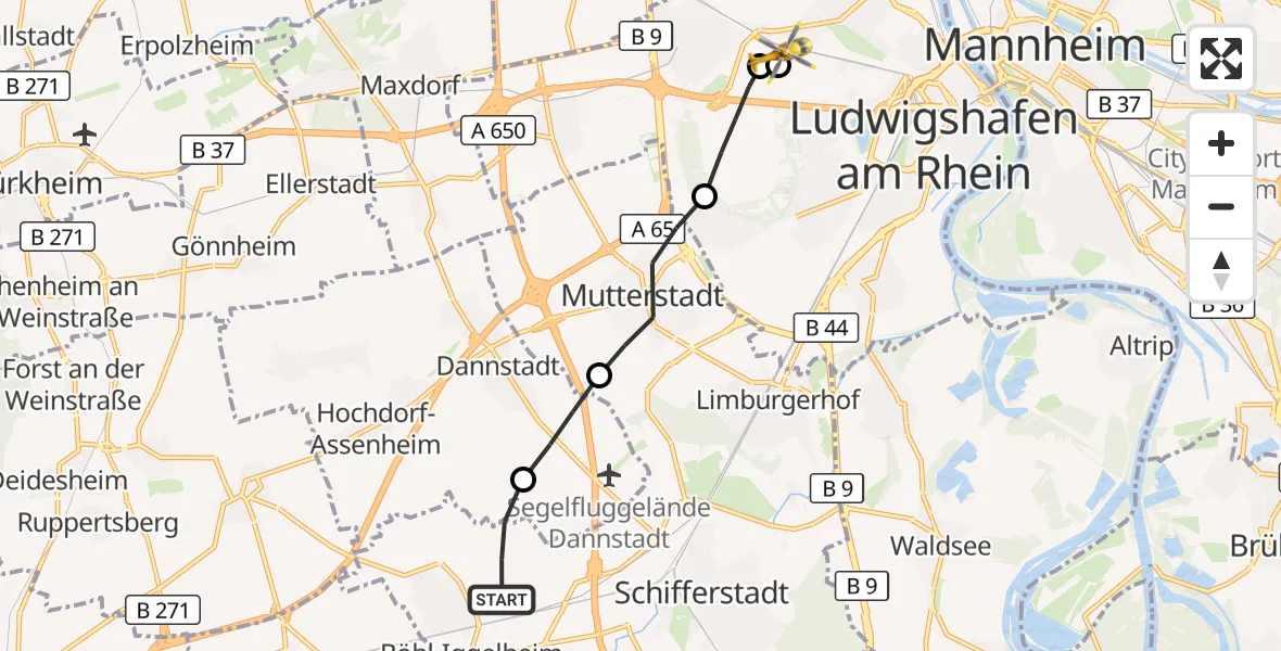 Flugroute Rettungshubschrauber Böhl-Iggelheim - Ludwigshafen Accident Hospital Hubschrauberlandeplatz, 02 Oktober 2026, 10:27