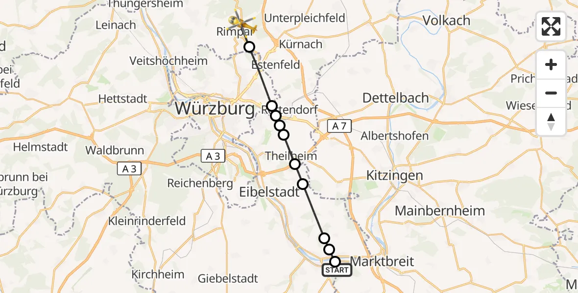 Flugroute Rettungshubschrauber Ochsenfurt Hospital - Rimpar, 02 Oktober 2026, 10:30