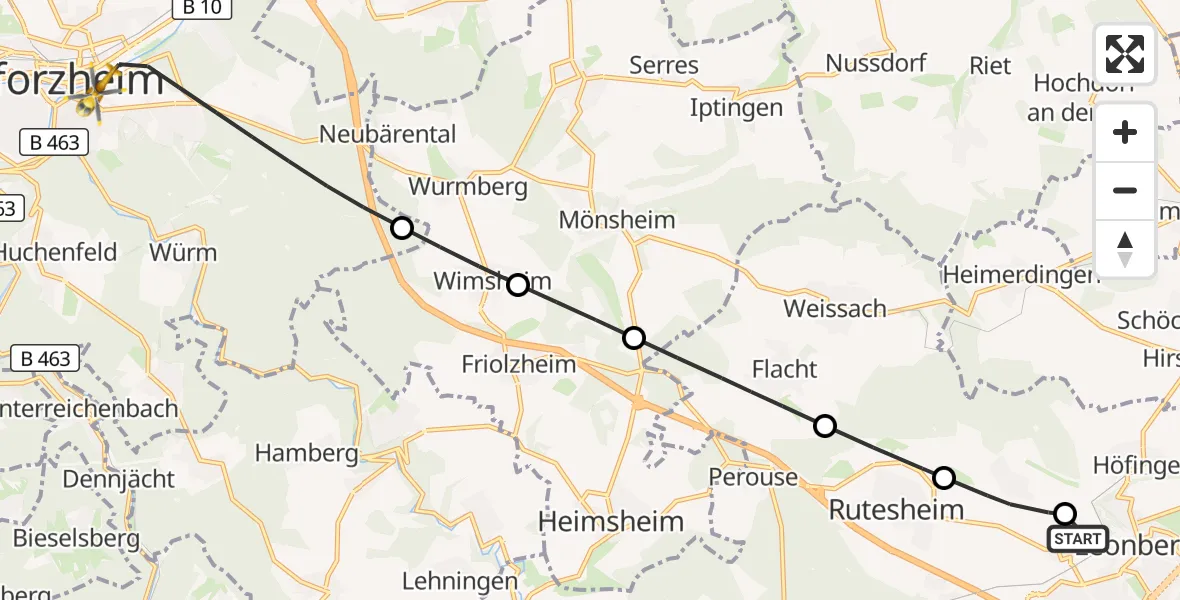 Flugroute Rettungshubschrauber Leonberg Hospital - Pforzheim, 02 Oktober 2026, 10:42