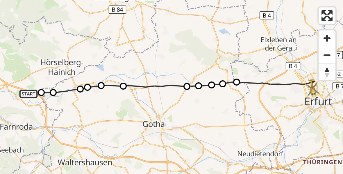 Flugroute Rettungshubschrauber Hörselberg-Hainich - Helios Clinic Erfurt Hubschrauberlandeplatz, 02 Oktober 2026, 10:45