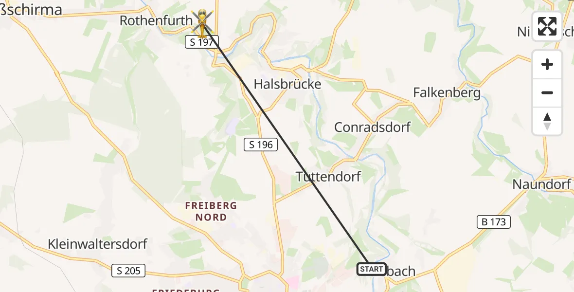Flugroute Rettungshubschrauber Freiberg - Großschirma, 02 Oktober 2026, 10:48