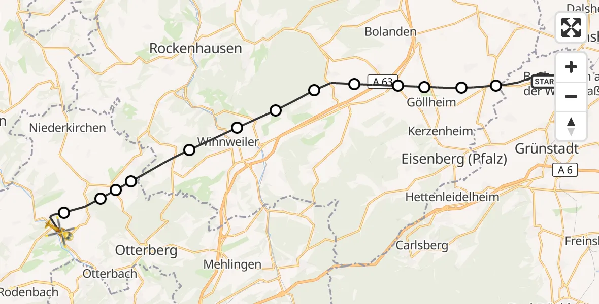 Flugroute Rettungshubschrauber Kindenheim - Hirschhorn/Pfalz, 02 Oktober 2026, 10:51
