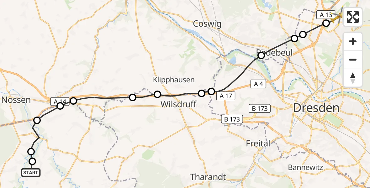 Flugroute Rettungshubschrauber Großschirma - Dresden Bundespolizei Hubschrauberlandeplatz, 02 Oktober 2026, 10:54