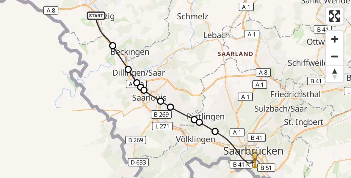 Flugroute Rettungshubschrauber Merzig - Saarbrücken, 02 Oktober 2026, 10:56