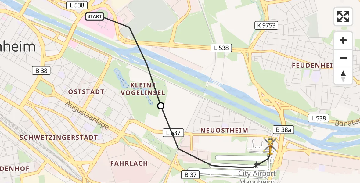 Flugroute Rettungshubschrauber Mannheim - Mannheim-City Flughafen, 02 Oktober 2026, 11:17