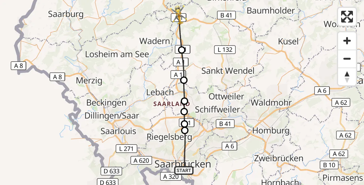 Flugroute Rettungshubschrauber Saarbrücken - Nonnweiler, 02 Oktober 2026, 11:19