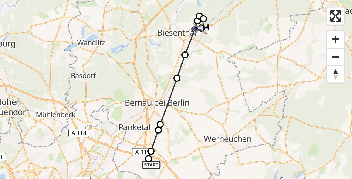 Flugroute Polizeihubschrauber Ahrensfelde Hubschrauberlandeplatz - Biesenthal, 02 Oktober 2026, 11:23