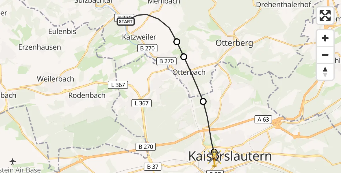 Flugroute Rettungshubschrauber Katzweiler - Westpfalz Hospital Kaiserslautern, 02 Oktober 2026, 11:24