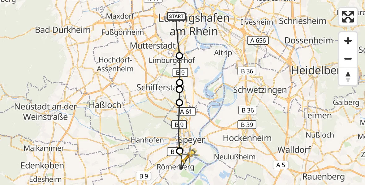 Flugroute Rettungshubschrauber Ludwigshafen am Rhein - Römerberg, 02 Oktober 2026, 11:25