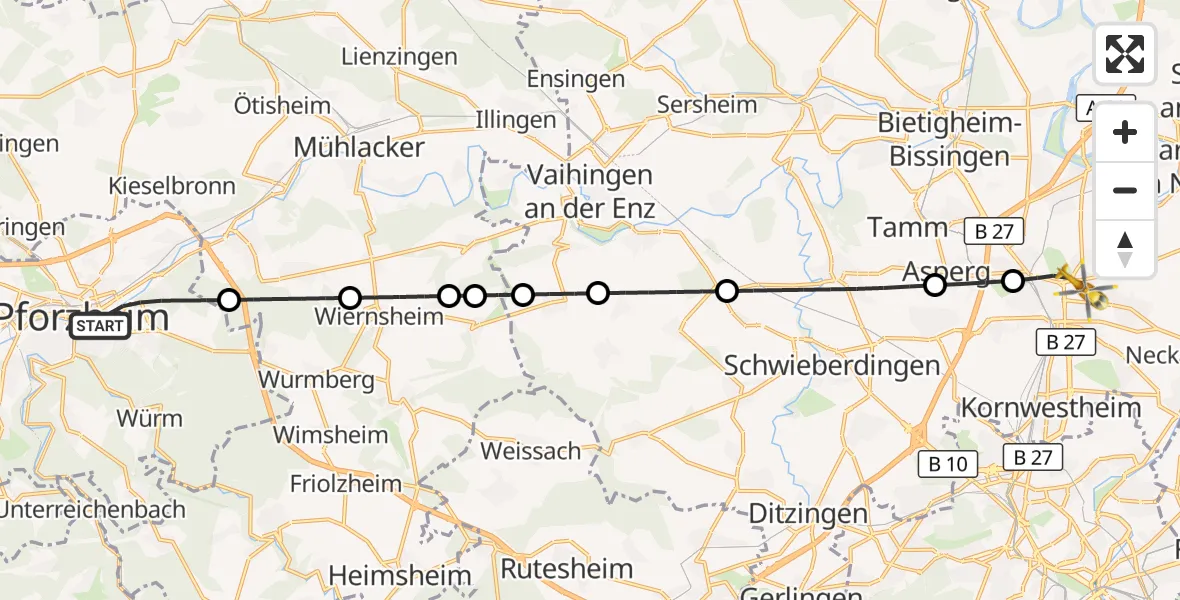 Flugroute Rettungshubschrauber Pforzheim - Ludwigsburg, 02 Oktober 2026, 11:30