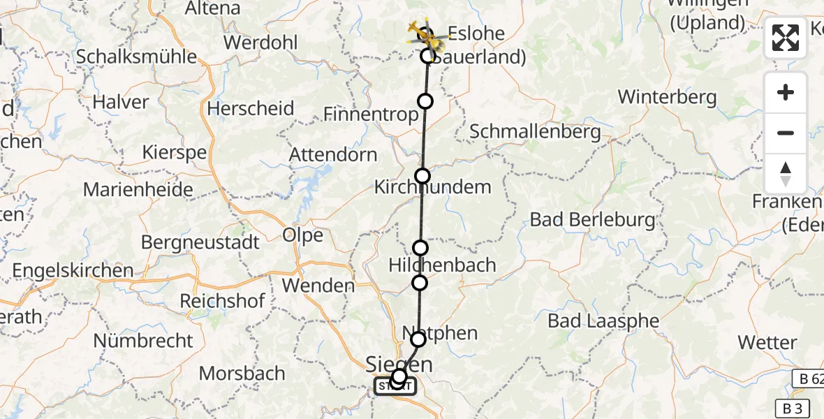 Flugroute Rettungshubschrauber Evangelisches Jung-Stilling Hospital - Eslohe (Sauerland), 02 Oktober 2026, 11:35