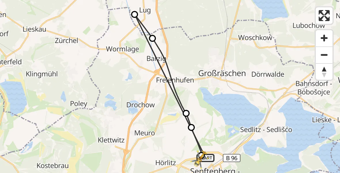 Flugroute Ambulanzhubschrauber ADAC Luftrettungsstation Senftenberg Hubschrauberlandeplatz - ADAC Luftrettungsstation Senftenberg Hubschrauberlandeplatz, 02 Oktober 2026, 11:47