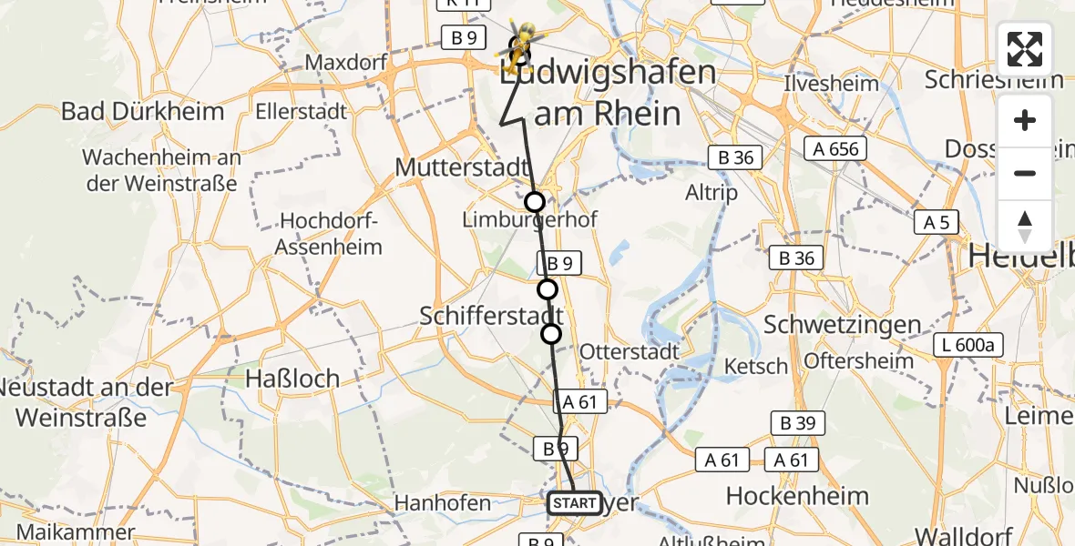 Flugroute Rettungshubschrauber Speyer - Ludwigshafen Accident Hospital, 02 Oktober 2026, 11:51