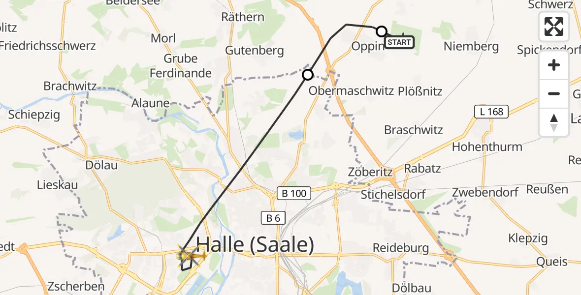 Flugroute Rettungshubschrauber Halle-Oppin Flugplatz - Halle (Saale), 02 Oktober 2026, 11:52