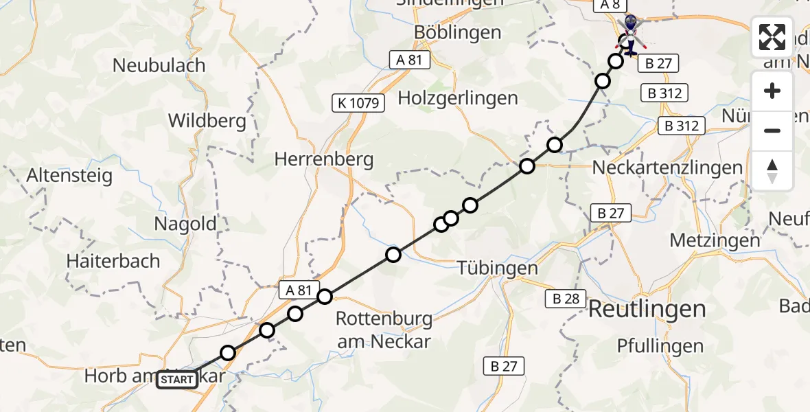 Flugroute Polizeihubschrauber Horb am Neckar - Flughafen Stuttgart, 02 Oktober 2026, 11:53