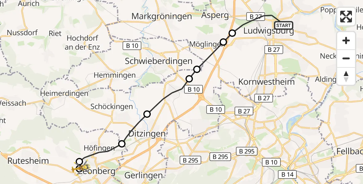 Flugroute Rettungshubschrauber Ludwigsburg - Leonberg Hospital, 02 Oktober 2026, 12:17