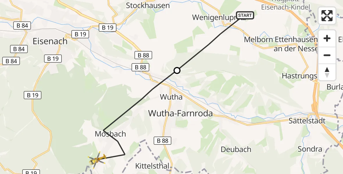 Flugroute Rettungshubschrauber Hörselberg-Hainich - Wutha-Farnroda, 02 Oktober 2026, 12:17