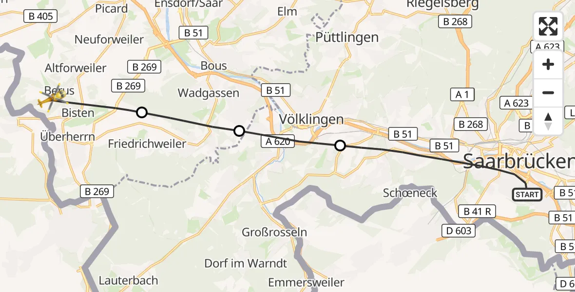 Flugroute Rettungshubschrauber Saarbrücken - Überherrn, 02 Oktober 2026, 12:18