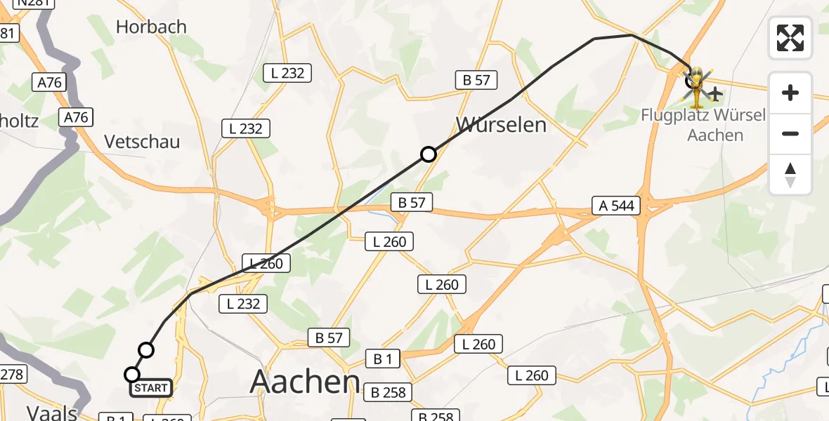 Flugroute Rettungshubschrauber Aachen Hospital - Aachen-Merzbrück Flughafen, 02 Oktober 2026, 12:31