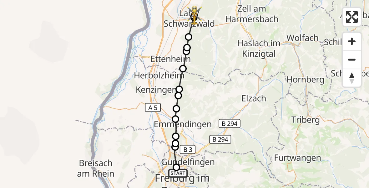 Flugroute Ambulanzhubschrauber Freiburg im Breisgau Flugplatz - Ortenau Hospital Lahr-Ettenheim, 02 Oktober 2026, 12:33