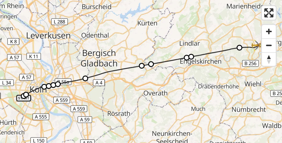 Flugroute Ambulanzhubschrauber Köln University Hospital - Gummersbach, 02 Oktober 2026, 12:45