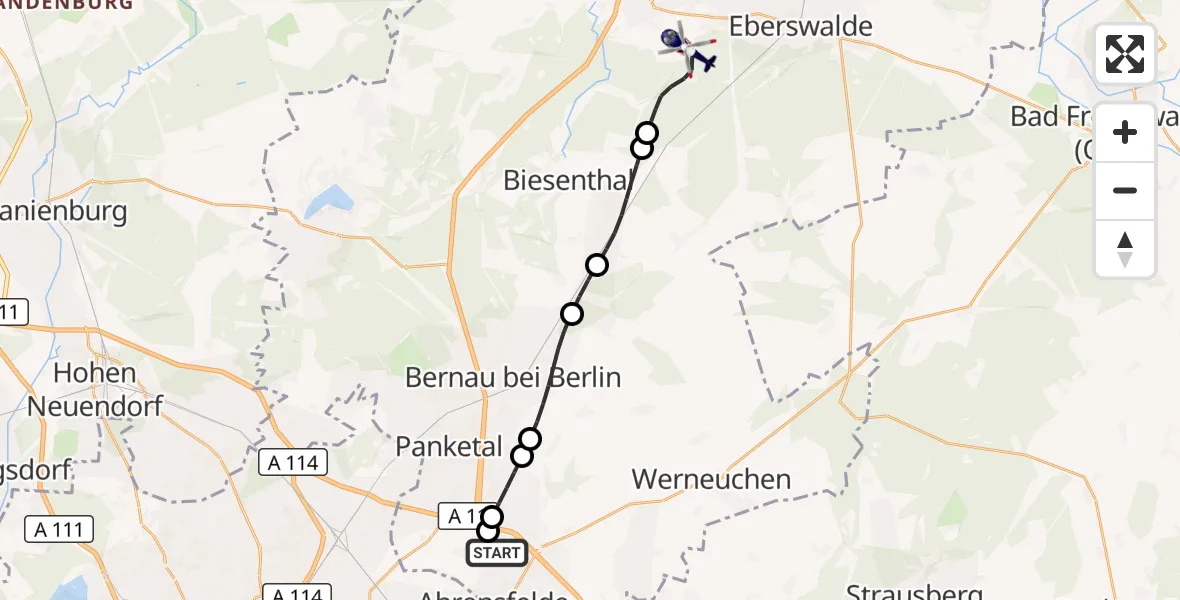 Flugroute Polizeihubschrauber Ahrensfelde Hubschrauberlandeplatz - Eberswalde, 02 Oktober 2026, 12:47