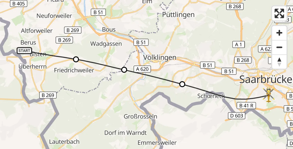 Flugroute Rettungshubschrauber Überherrn - Saarbrücken, 02 Oktober 2026, 12:50