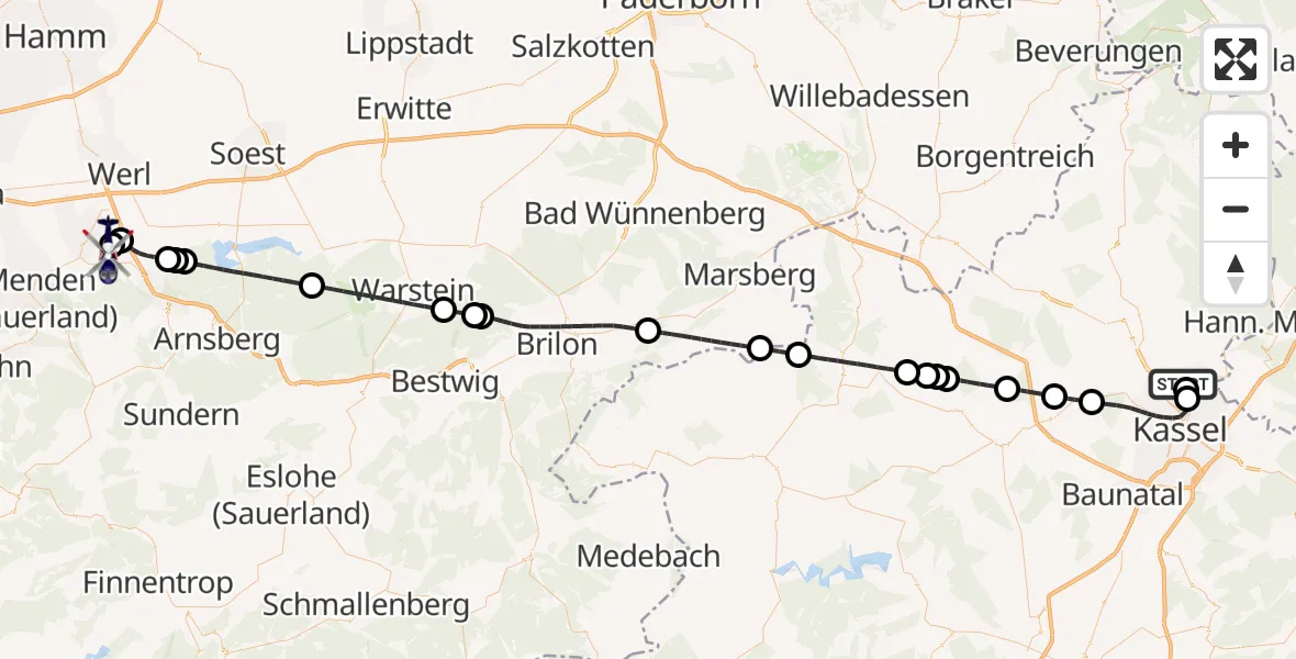 Flugroute Polizeihubschrauber Fuldatal Bundespolizei Hubschrauberlandeplatz - Arnsberg-Menden Flugplatz, 02 Oktober 2026, 12:53