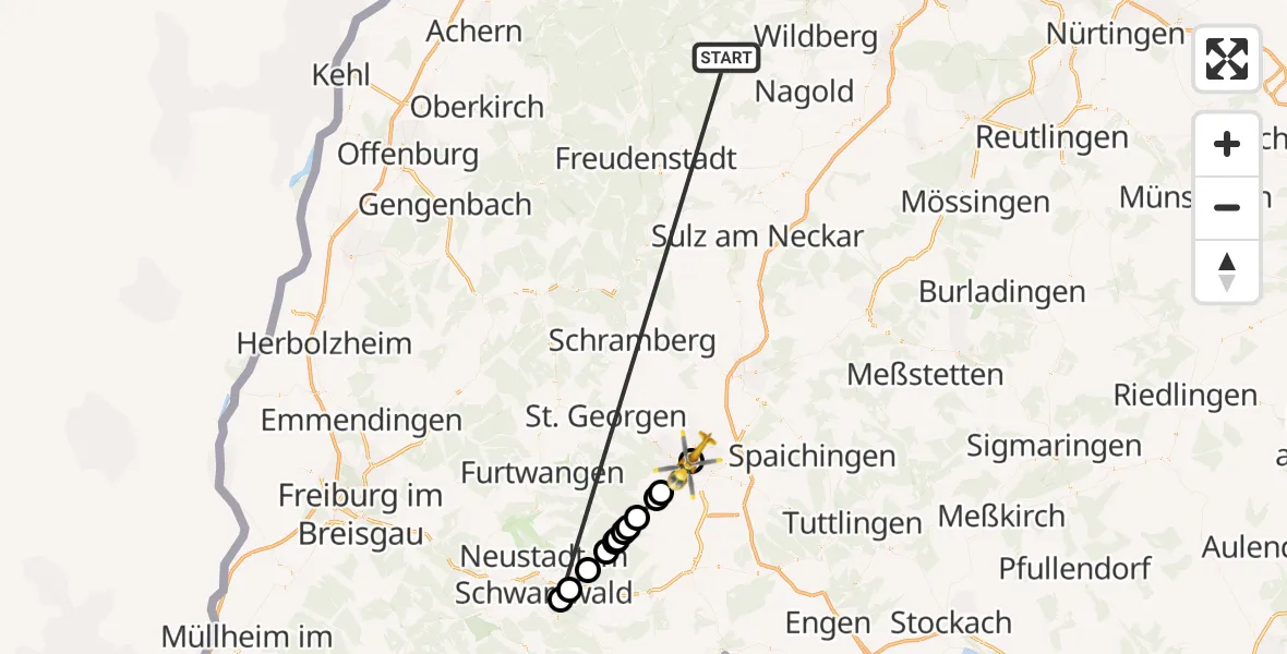 Flugroute Ambulanzhubschrauber Altensteig - DRF Air Rescue Station Villingen-Schwenningen Hubschrauberlandeplatz (Christoph 11), 02 Oktober 2026, 12:58